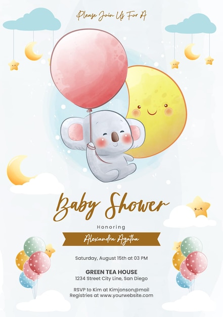 Invito per baby shower in stile acquerello koala carino che vola con palloncini e luna crescente