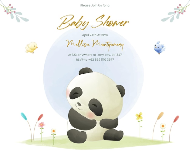 Vector watercolor style baby shower invitation cute panda bear