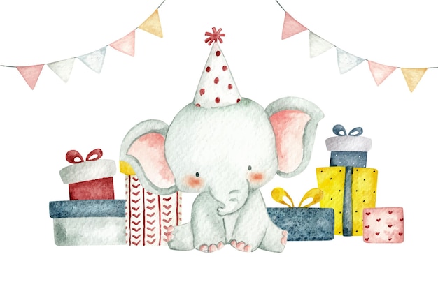 Watercolor style birthday elephant with gifts 