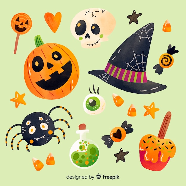 Watercolor style halloween element collection