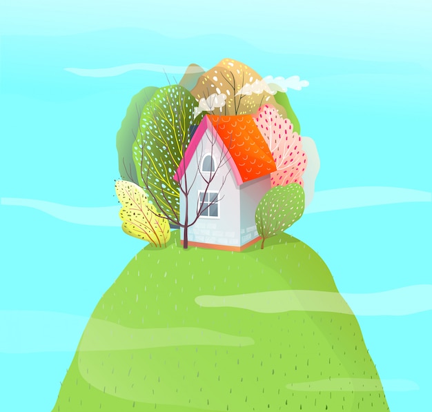 Watercolor style house on the hill summer season vacation hut. Vector cartoon.