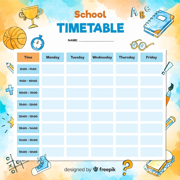 Watercolor style school timetable template