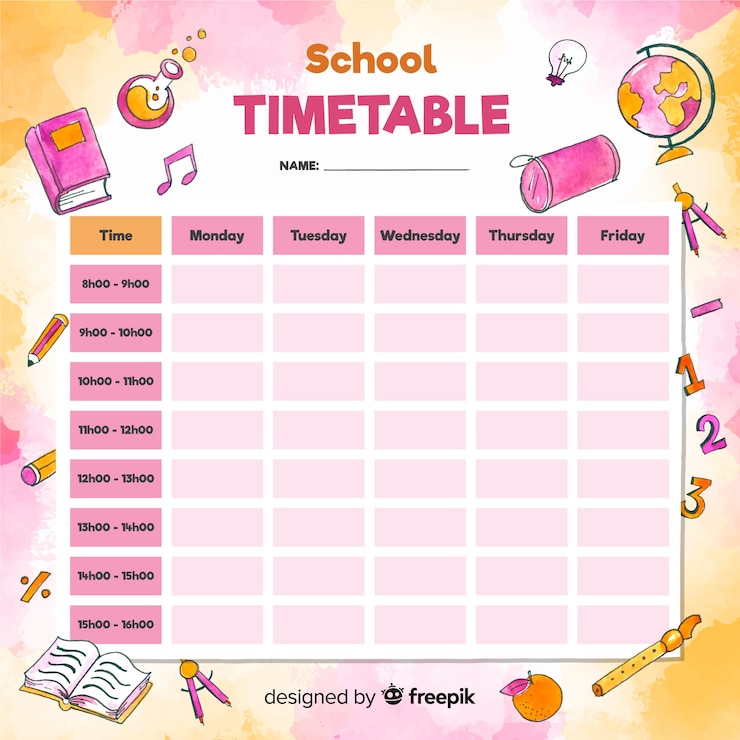 Vector watercolor style school timetable template