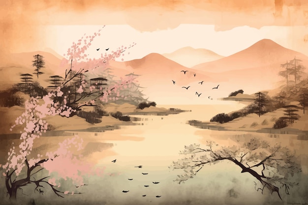 Акварельный стиль векторной иллюстрации кадр летнего фестиваля фонарь переводТрадиционный восточный минималистичный японский стиль Векторная иллюстрация