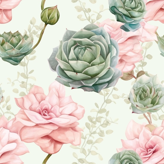 watercolor succulents and roses pattern