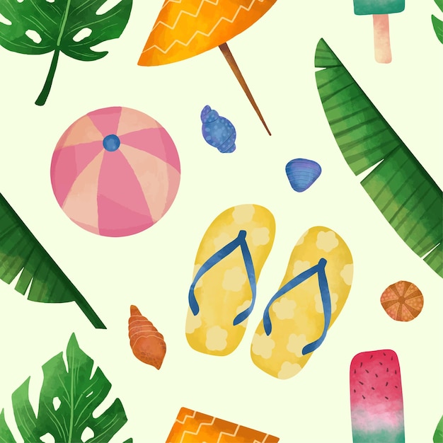 Vector watercolor summer beach season with tropical leaves seamless pattern