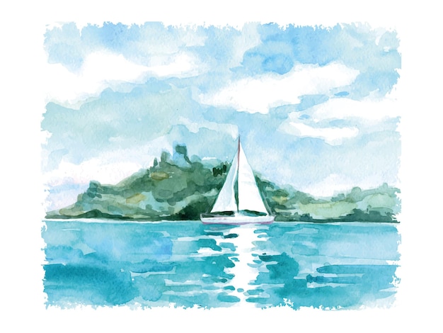 Watercolor summer landscape with the sea and sailing. Vector illustration.