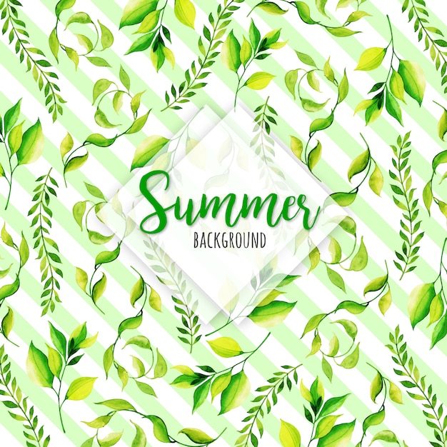 Watercolor Summer Leaves With Stripes Background