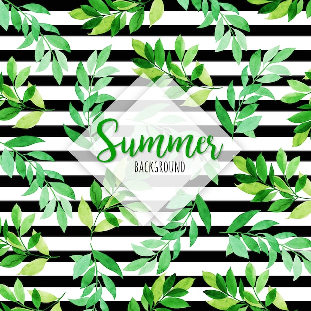 Watercolor Summer Leaves With Stripes Background