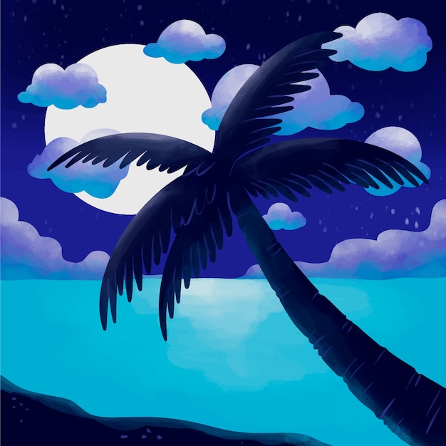 Vector watercolor summer night illustration with palm tree and moon