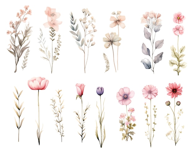 Vector watercolor summer pink flower set