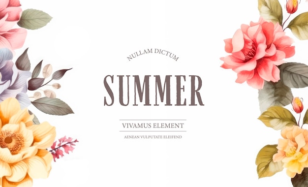 Watercolor summer plants and roses summer holiday banner