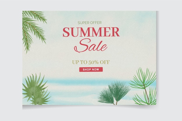 Акварель летняя распродажа тропический баннер с пляжем и пальмами