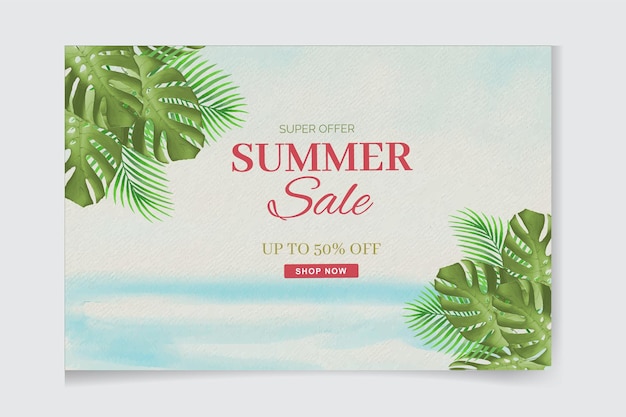 Watercolor Summer sale tropical banner with beach and palm trees