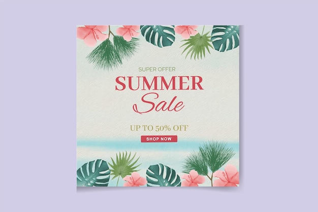Banner tropicale di vendita estiva dell'acquerello con spiaggia e palme