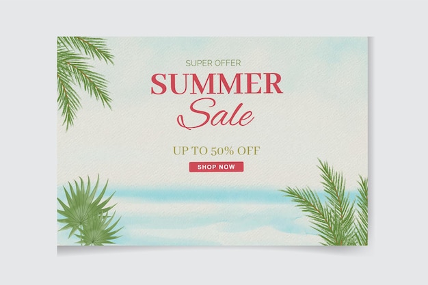 Watercolor summer sale tropical banner with beach and palm trees