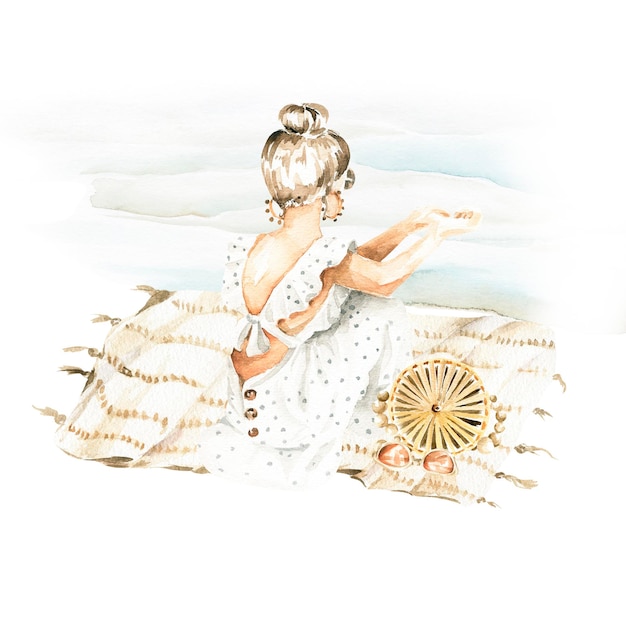 Watercolor summer set fashion girl in sundress sitting on the sea beach with boho bag sunglasses