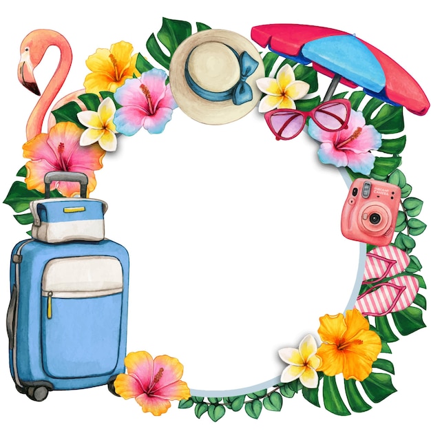 Watercolor summer symbols luggage and tropical flowers