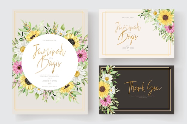 watercolor sun flower and daisy invitation card set