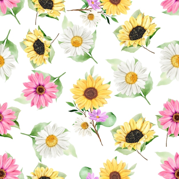 Watercolor sun flower and daisy seamless pattern