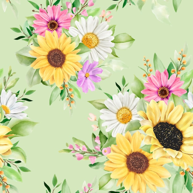 watercolor sun flower and daisy seamless pattern