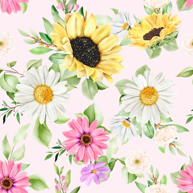 Watercolor sun flower and daisy seamless pattern