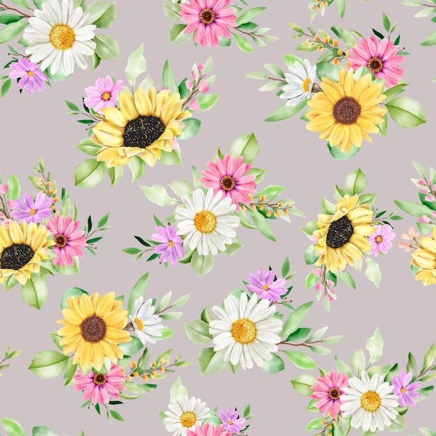 Watercolor sun flower and daisy seamless pattern