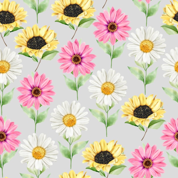 Watercolor sun flower and daisy seamless pattern