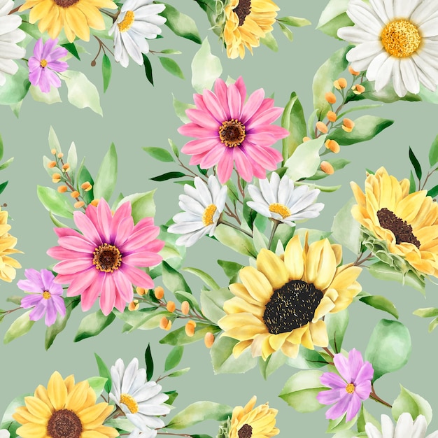 Watercolor sun flower and daisy seamless pattern