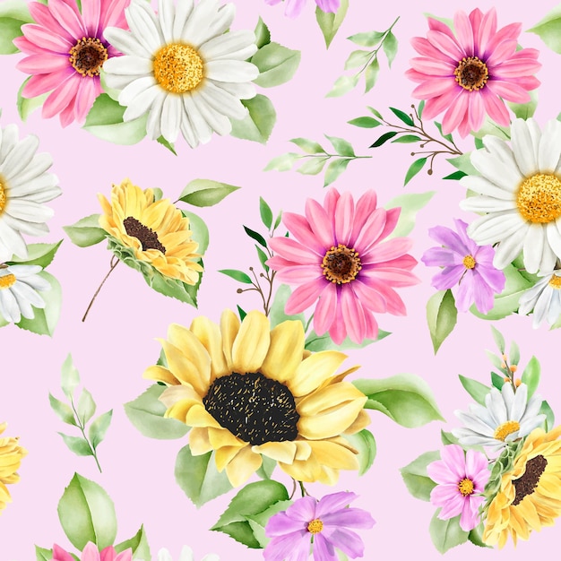 Watercolor sun flower and daisy seamless pattern