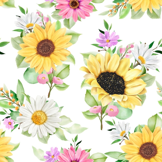 Watercolor sun flower and daisy seamless pattern