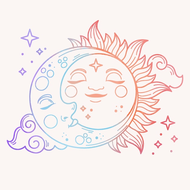 Vector watercolor sun and moon drawing illustration