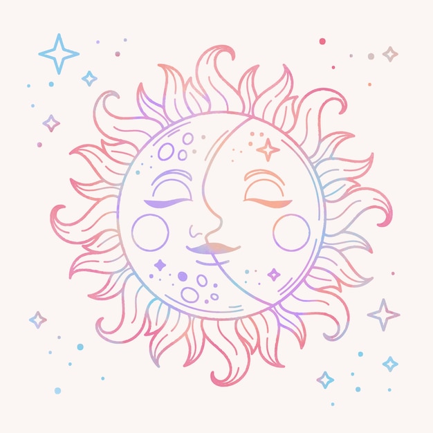 Vector watercolor sun and moon drawing illustration