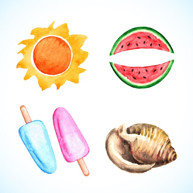 Watercolor sun watermelon shell ice cream summer vector design elements