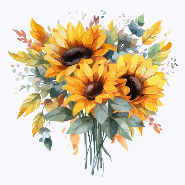 Vector watercolor sunflower floral on white background hand painted yellow flowers