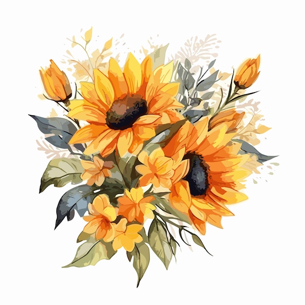 Vector watercolor sunflower floral on white background hand painted yellow flowers