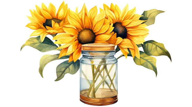 Watercolor sunflower flowers in a glass jar Beautiful painting flowers of sunflowers in a jar