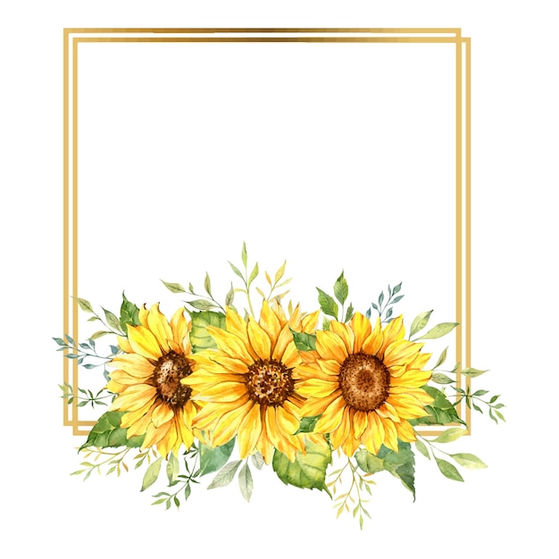 Watercolor Sunflower Golden geometric Frame, Hand Painted Floral Geometric Frame