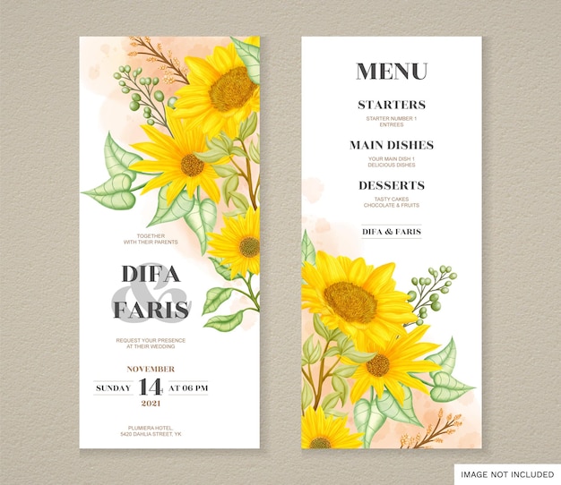 Set di biglietti d'invito per matrimonio con girasole ad acquerello