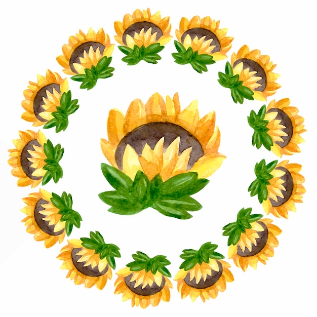 Vector watercolor sunflower wreath. circle flowers. high quality photo