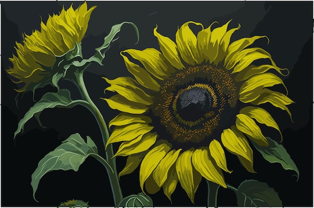 Vector watercolor sunflowers on black background