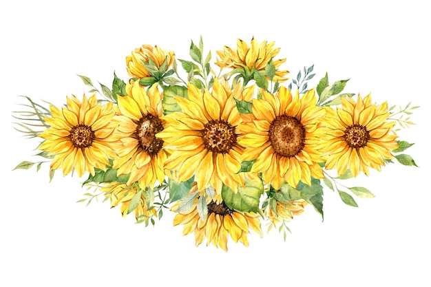 Watercolor sunflowers bouquet, sunflower arrangement