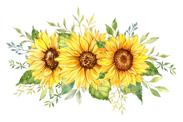 Watercolor sunflowers bouquet, sunflower arrangement