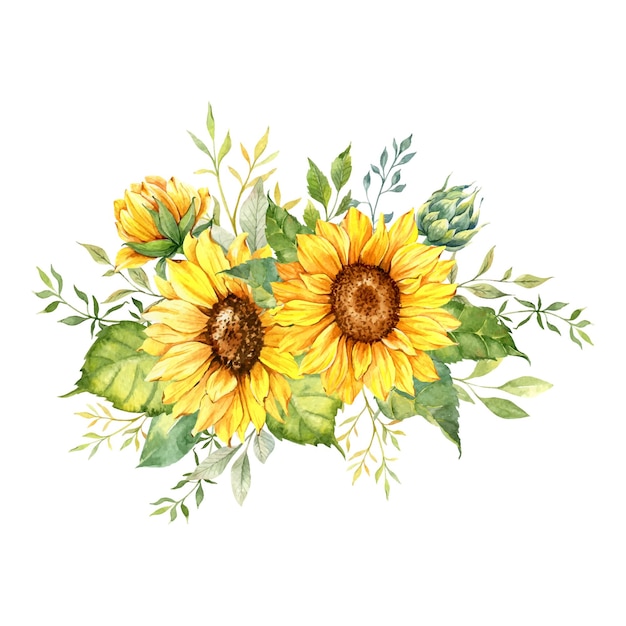 Watercolor sunflowers bouquet with greenery, hand painted sunflowers
