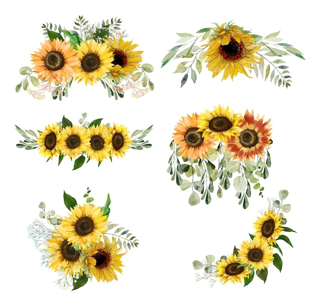 Vector watercolor sunflowers and greenery bouquets floral clipart