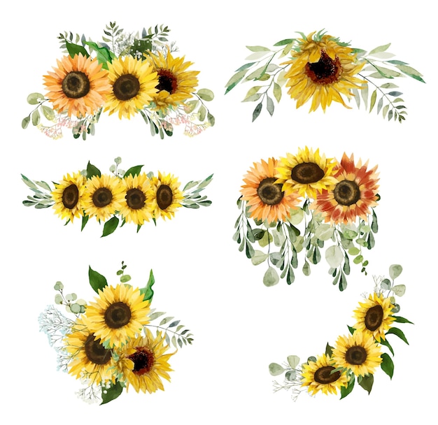 Girasoli acquerello e mazzi di fiori clipart floreali