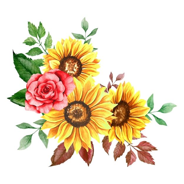 Watercolor Sunflowers and Red Roses
