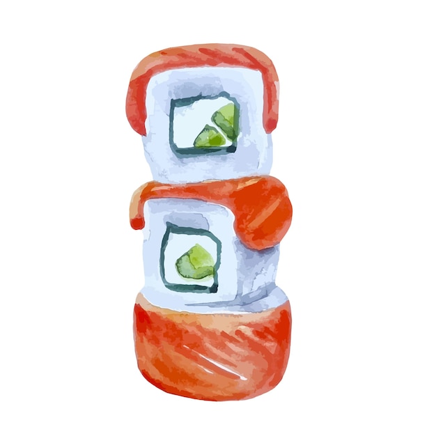 Watercolor sushi maki roll philadelphia with salmon hand drawn food illustration isolated