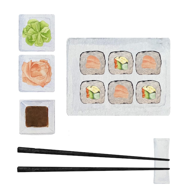 Watercolor sushi set with salmon uramaki wasabi and ginger with chopsticks on plate