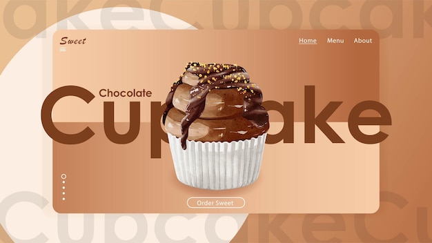 Acquerello di disegno vettoriale del modello di sito web di cupcake al cioccolato dolce